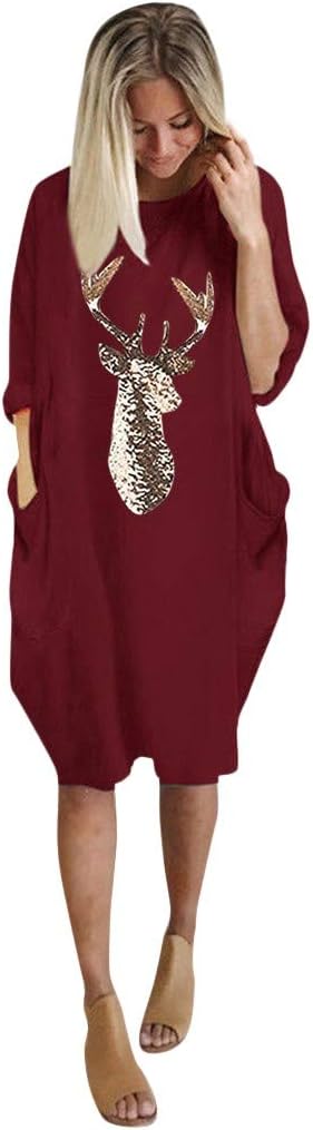 Christmas Jumpers Dress for Women Tshirt Ladies Plus Size (UK Size 8-22) Reindeer Pring Christmas Jumper Hoodies Funny Ugly Christmas Jumper Dress Teen Girls Red Novelty Secret Santa Gifts