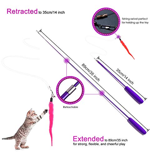 Retractable Cat Toys Wand with 5 Piece Teaser Refills, Interactive Cat Feather Toy for Cat Kitten Having Fun Exerciser Playing, Purple
