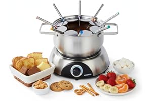 CUSIMAX Electric Fondue Set, 1500W Stainless Steel Fondue Maker with Adjustable Thermostat, 8 Colour Coded Stainless Steel Fo