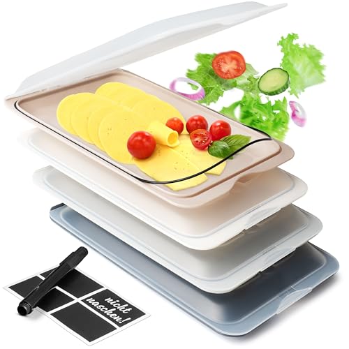 Bundheim® Aufschnittboxen Für Kühlschrank 4Er Set | Aufschnittbox Stapelbar Ideal Zur Wurst Aufbewahrung Kühlschrank | Frischhaltedosen Mit Deckel Inkl. Kreidestift Und 4 Tafel-Etiketten (Monochrom)