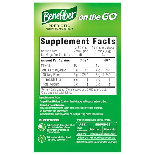Benefiber Daily Prebiotic Dietary Fiber Supplement Powder Stick Packs for Digestive Health, 100% Natural, On The Go, Clear and Taste-Free, 28 sticks, 3.92 ounces each