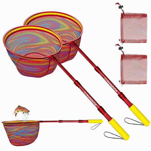 DaddyGoFish Kids Fishing Net - Landing Net Bait Pouch for Catching Fish Frog Minnow Cricket Butterfly Water Beach Lake Pond Gift for Boys and Girls - 2 Pack, Red + Red