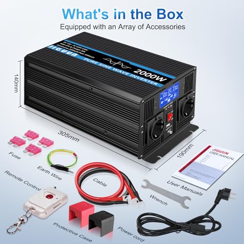JIGUUN 2000W Inverter 12V 220V Pure Wave Inverter with Charger 30A and Priority Circuit of Network and UPS,2 EU Sockets, Wireless Remote Control and LCD Display Peak Power 4000W