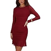 firfig Women's Sexy Ruched Bodycon Mini Dress Mesh Long Sleeve Ruffle Hem Club Cocktail Party Short Dresses