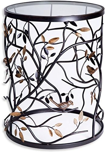 Palais Furnishings 'Feuilles' Metal Barrel End Table, Leaf Design (Branch & Bird Design)
