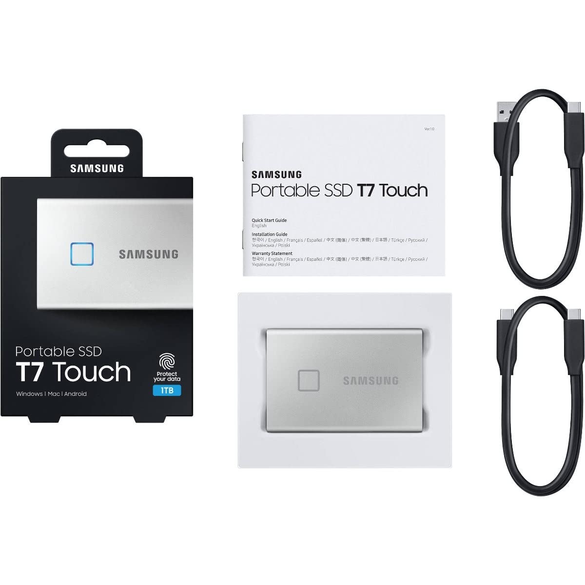 Samsung T7 Touch Portable SSD - 1 TB - USB 3.2 Gen.2 External SSD Metallic Silver (MU-PC1T0S/WW)