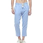Men's Casual Linen Straight Fit Beach Linen Capri Pants with Drawstring (Light Blue,XXL)