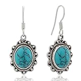925 Oxidized Sterling Silver Natural Gemstone Oval Rope Edge Vintage Dangle Earrings 1.4