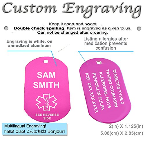 My Identity Doctor - Custom Engraved Medical Alert ID Dog Tag, Pink Aluminum, 22 Inches Chain