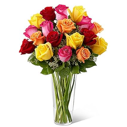 Floralbay Mothers Day Glass Vase arrangement of 20 Mix Roses with fillers and Greenery