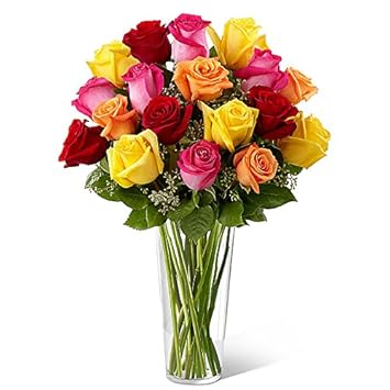 Floralbay Mothers Day Glass Vase arrangement of 20 Mix Roses with fillers and Greenery
