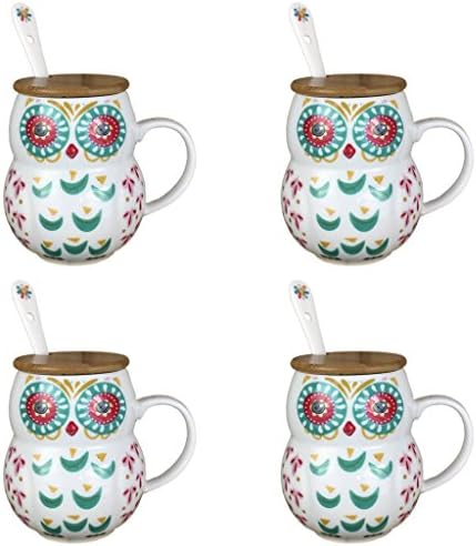 Ablerhome Decor Set of 4 Novelty Ceramic Mixed Owl MUG with Spoon & Wooden Lid Accessories Tea Cups Coffee Teacups Serving Sets Tableware GIFT (Green Owl)