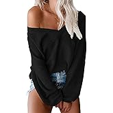 Tobrief Women's V Neck Long Sleeve Waffle Knit Tops Off Shoulder Oversized Pullover Sweater