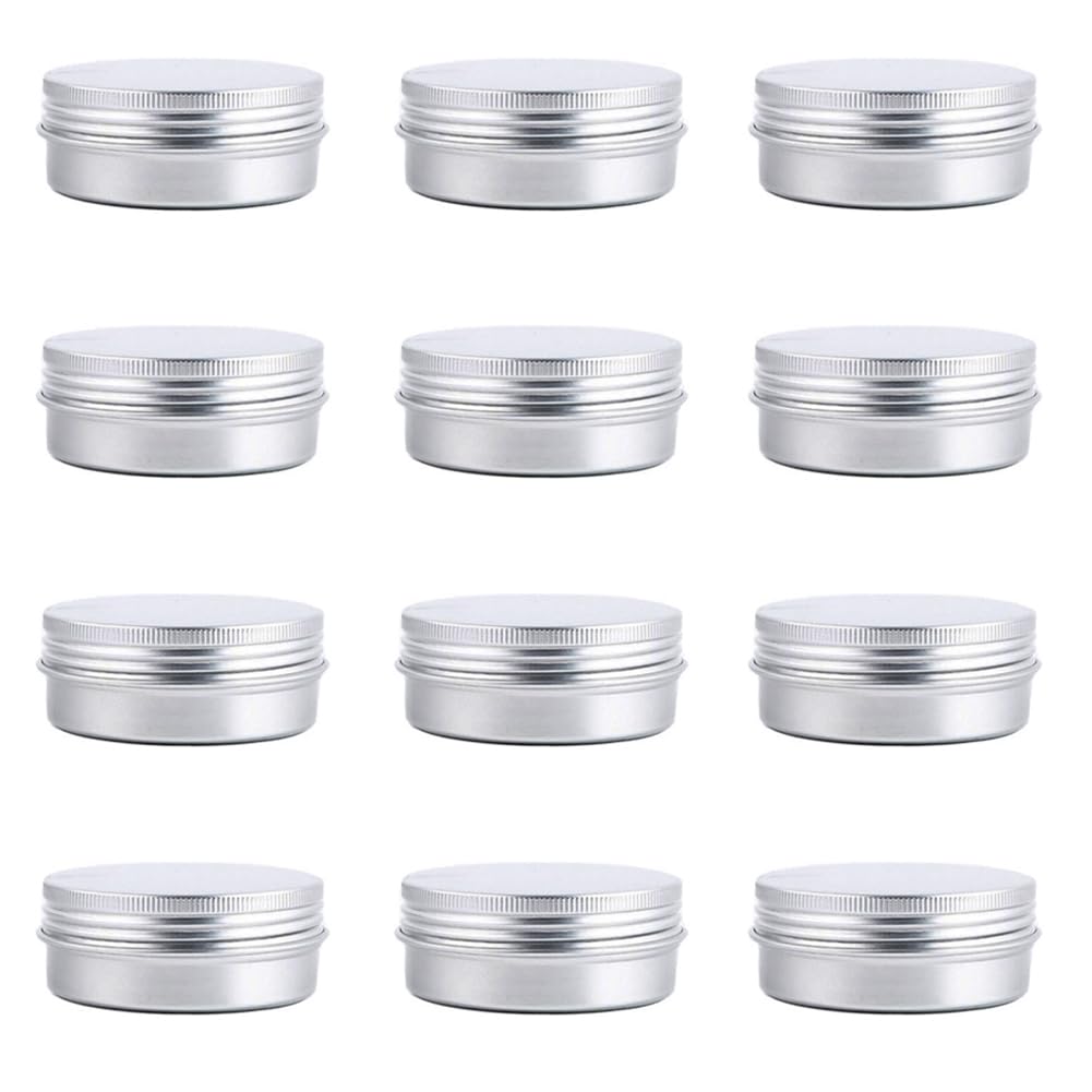 12Pcs 60ml/2oz Empty Silver Aluminum Tin Cans Round Metal Cosmetic Sample Jars Storage Containers with Twist Screw Top Lid Travel Tins for Tea Spices Eye Shadow Lip Balms Cream Candle Crafts Jewelry