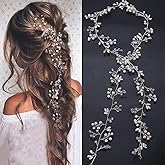 Deniferymakeup Rose Gold and Silver Extra Long Pearl and Crystal Bridal Hair Vine Wedding Head Piece Accessories Headband Jewelry (Silver)