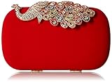 BMC Womens Elegant Rhinestone Peacock Clasp Velvet Cocktail Evening Handbag-RED