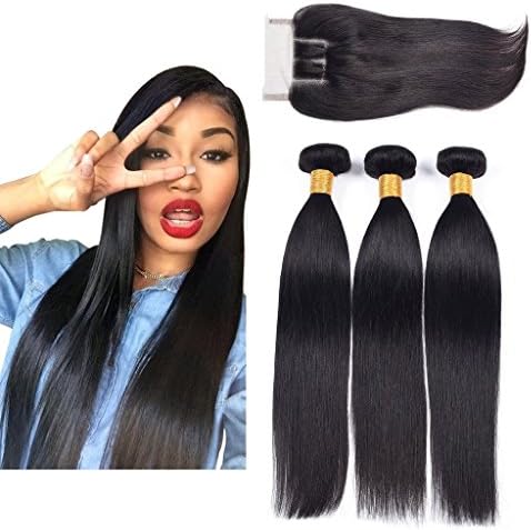Ali AMY Peruvian Straight Remy Hair 3 Bundles With 3 Way Part Closure (12,12,14+10 ) Unprocessed Peruvian Virgin Hair Bundles Natural Hair Color