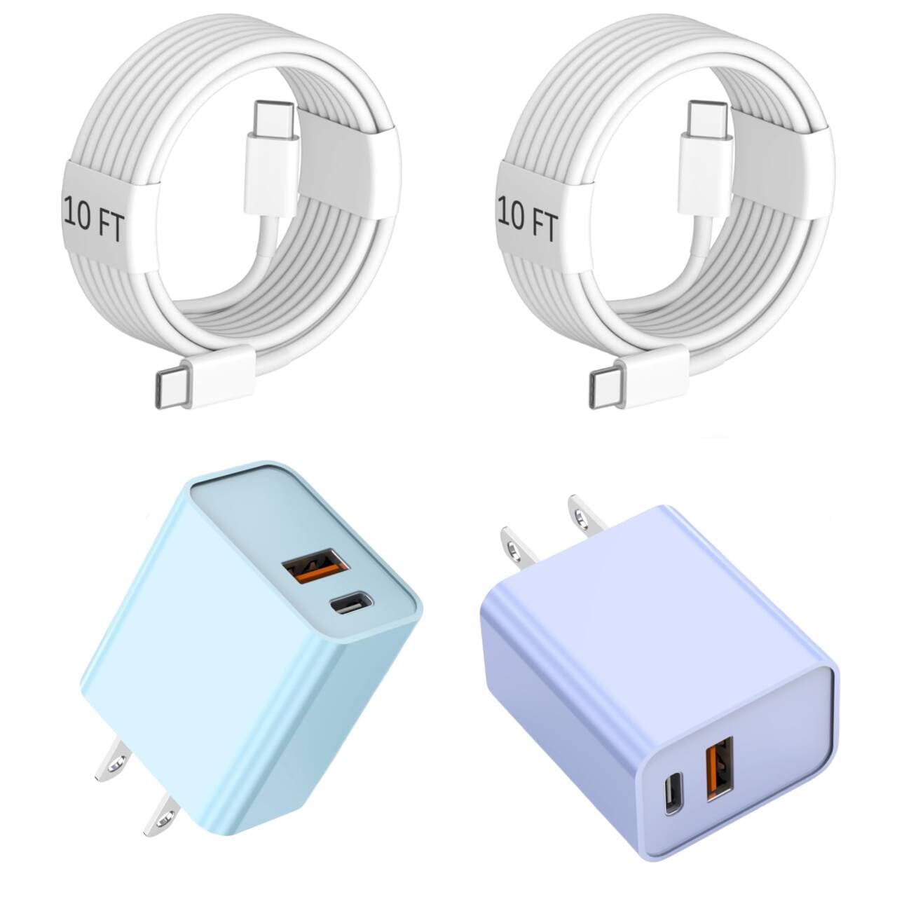 Photo 1 of 10 Foot Fast iPhone Charging Cable,2Pack 20W Dual Port USB C+A Wall Charger Block with 10FT Type C-C Charging Cable Apple Adapter for iPhone 17/17 Air/17 Pro/16/16e/16 Pro Max/15 Pro/iPad(Purple/Blue)