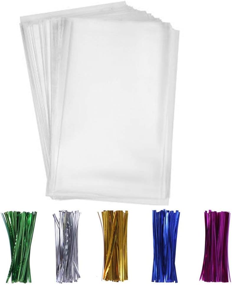 200 PCS Cellophane Gift Bags,Candy Bags with 200 Twist Ties 5 Mix Colors Good for Bakery, Cookies, Candies,Dessert,Popcorn (6'' x 8'')