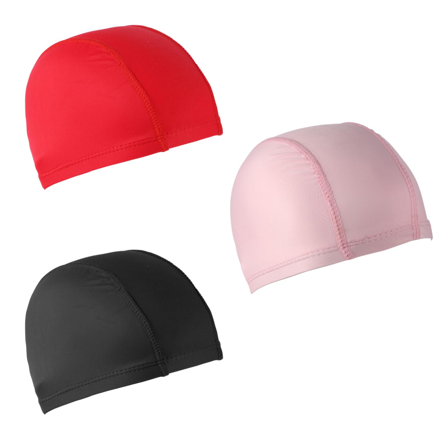 3pcs Elastic Swim Caps, Unisex Swimming Caps Anti-Slip Bathing Caps Swimming Pool Hat for Women Men Kids Boys Girls Long & Short Hair (Black, Red, Pink)