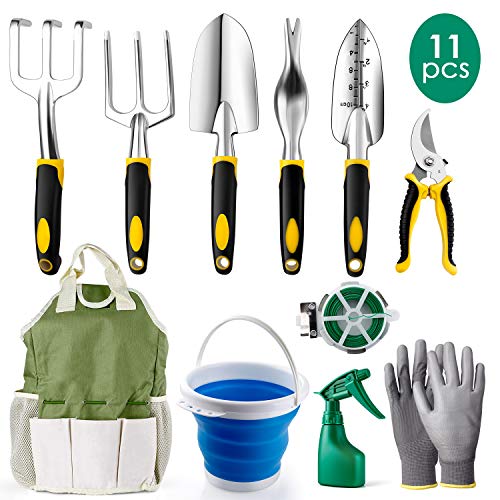 Amzdeal Garden Tool Set Gardening Tool Kits in Chrome-Plated Aluminum Alloy,Garden Accessories Tools Organizer Set Heavy Duty Gardening Work Set with Ergonomic Handle for Women/Men/Gardeners(11Pcs)