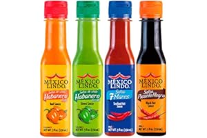 Mexico Lindo Hot Sauce Variety Pack | Includes One Bottle Each of Picante Negra + Red Habanero + Green Habanero + 7 Mares | 5 Fl Oz Bottles (Pack of 4)