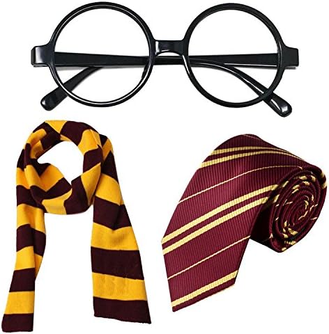 Harry Potter Gryffindor Tie Costume Play Tie,Scar Glasses Character Sunglasses,Striped Knit Scarf for Boy &amp; Girl (Burgundy)