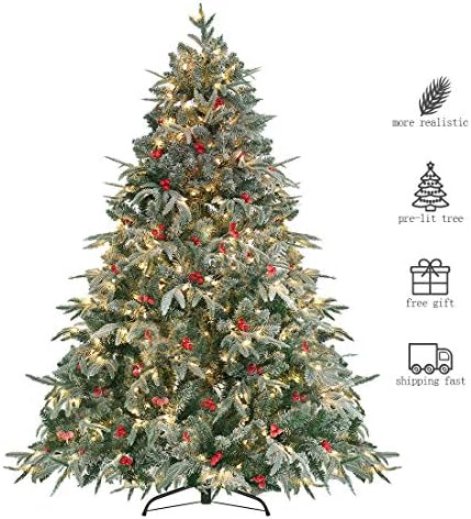 HOMAKER Pre-Lit 7.5ft Artificial Christmas Tree, Feel Real Snow Flocked PE Tree 700 Clear Lights UL Certificated, Red Berries