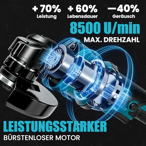 Battery Angle Grinder for Makita 18 V, 125 mm Battery Flex 8500 rpm, 3 Speeds, Cordless Grinder with Non-Slip Handle for Grinding, Cutting and Polishing (without Battery)