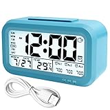 WinFong Alarm Clock, Backlight LCD Digital Alarm Clock with 3 Alarms Thermometer Calendar Large Display Smart Nightlight Soft Light Snooze, Battery Operated with USB Charger (Blue)