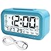WinFong Alarm Clock, Backlight LCD Digital Alarm Clock with 3 Alarms Thermometer Calendar Large Display Smart Nightlight Soft Light Snooze, Battery Operated with USB Charger (Blue)