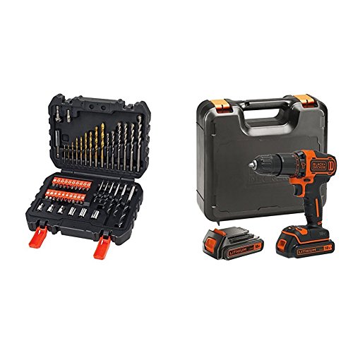 Black + Decker Drill and Screwdriver Bit, Set 50-Piece + 18 V Lithium-Ion Hammer Drill with Kit Box and 2 Batteries