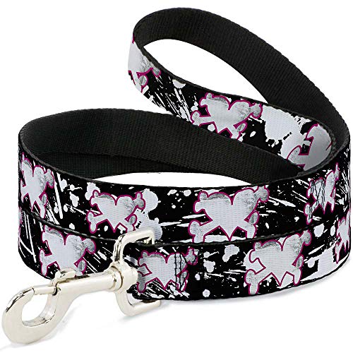 Buckle-Down Dog Leash Heart Cross Bones Splatter Black White 6 Feet Long 1.5 In…