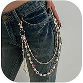 Rhinestone Pearl Layered Chain Belt Flower Keychains for Men Women Wallet Jeans Hip-hop Pants Cross Waist Chain Jewelry