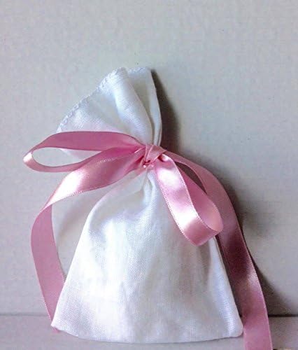 24 White French Linen Pouches with Light Pink Satin Ribbon Gift bags for Wedding Favours or packaging