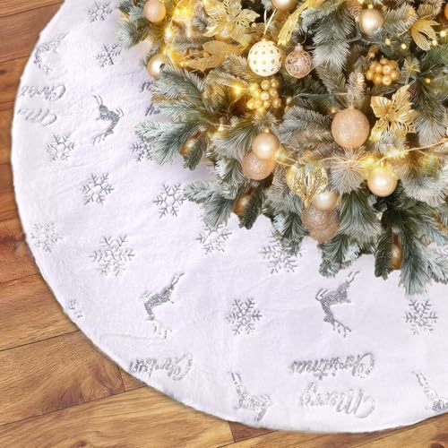 LOMOHOO Round Christmas Tree Blanket 90cm Christmas Tree Skirt with Silver Sequin Snowflake White Plush Blanket for Xmas Tree Decoration