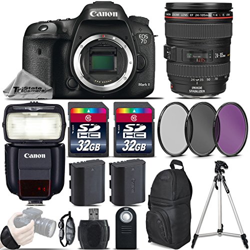 Canon EOS 7D Mark II DSLR Built-In GPS Camera + Canon 24-105mm IS USM Lens + Speedlite 430EX III RT + 64GB Storage + Backup Battery + UV-CPL-FLD Filters + Wrist Grip Strap - International Version