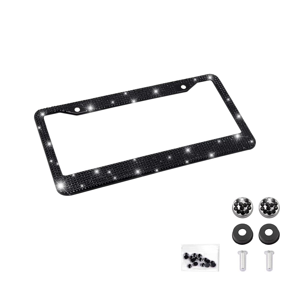 Photo 1 of Bling Car License Plate Frame, Handcrafted Crystal Stainless Steel License Plate Frame, Sparkly, Durable, Universal Fit, Car Accessories for Girls, Women (Black)