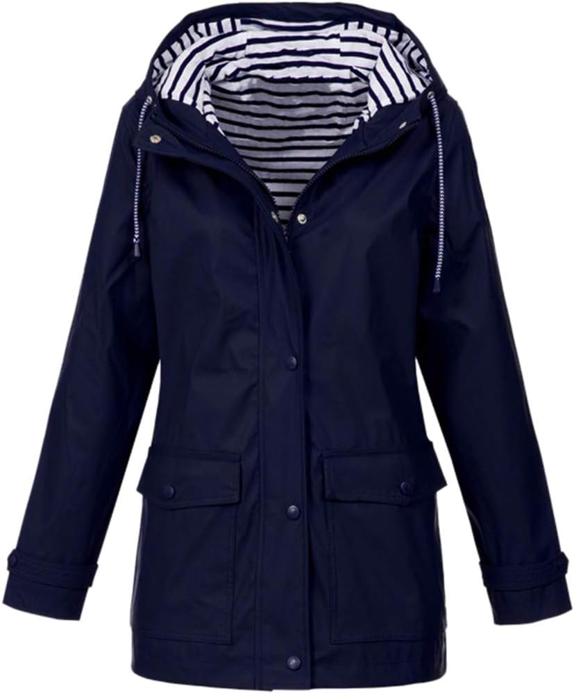Women Solid Rain Jacket Outdoor Plus Waterproof Hooded Raincoat Windproof Dark Blue