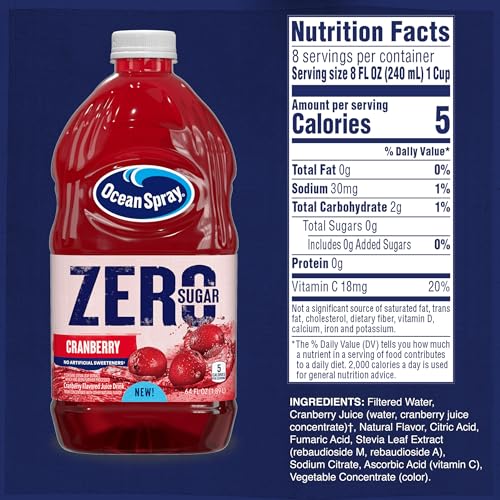 OCEAN SPRAY® ZERO SUGAR CRANBERRY JUICE DRINK, CRANBERRY JUICE DRINK SWEETENED WITH STEVIA, 64 FL OZ BOTTLE