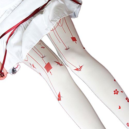 Womens Black Cherry Stockings Sweet Cute Vintage Long Cosplay Printing Pantyhose (White)