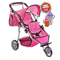 Exquisite Buggy, Twin Doll Stroller with Diaper Bag and Pink & Polka Dots Design with 2 Free Magic Bottles