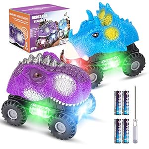 Vimzone-Dinosaur-Car-Toys-Electric-Dinosaur-Vehicles-Toys-with-LED-Light-Realistic-Sound-Big-Tire-Wheel-Dino-Cars-Gift-Presents-for-3-8-Year-Old-Boys-Girls-Toddlers-BluePurple-2-Pack Vimzone Dinosaur Car Toys, Electric Dinosaur Vehicles Toys with LED Light & Realistic Sound & Big Tire Wheel, Dino Cars Gift Presents for 3-8 Year Old Boys Girls Toddlers (Blue&Purple, 2 Pack)