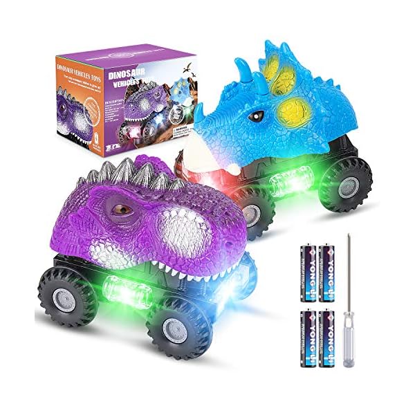 Vimzone-Dinosaur-Car-Toys-Electric-Dinosaur-Vehicles-Toys-with-LED-Light-Realistic-Sound-Big-Tire-Wheel-Dino-Cars-Gift-Presents-for-3-8-Year-Old-Boys-Girls-Toddlers-BluePurple-2-Pack Vimzone Dinosaur Car Toys, Electric Dinosaur Vehicles Toys with LED Light & Realistic Sound & Big Tire Wheel, Dino Cars Gift Presents for 3-8 Year Old Boys Girls Toddlers (Blue&Purple, 2 Pack)