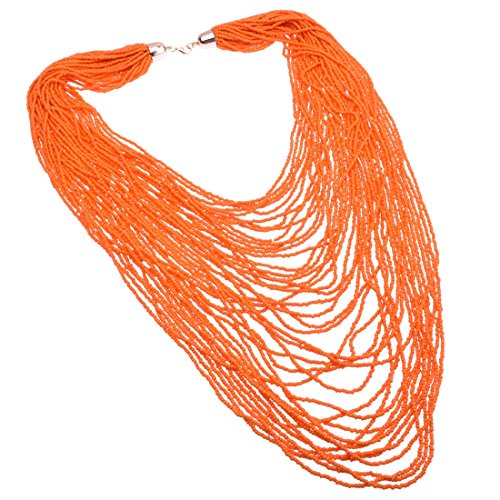 Fashion Jewelry Orange Resin Seed Layered Handmade Bead Cluster Long Pendant Statement Bib Necklace