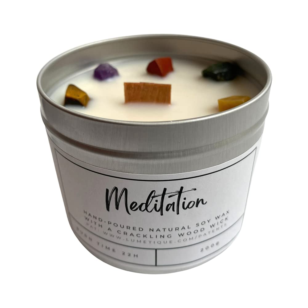 VIE Meditation Candle in Aluminium Tin with 7 Chakra Gemstone Crystals, Scented Soy Wax, Aromatherapy Relaxation, Spiritual Healing, Yoga and Mindfulness Gift, Portable Travel Size