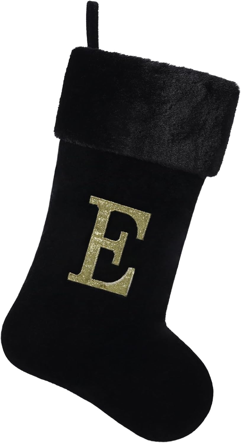 Stockings & Holders - Yehnois 20 Inches Initial Monogram Christmas Stocking Personalized,Deluxe Black Velvet Body with Super Soft Plush Cuff Embroidered Letter,Holiday Season Decor（E）