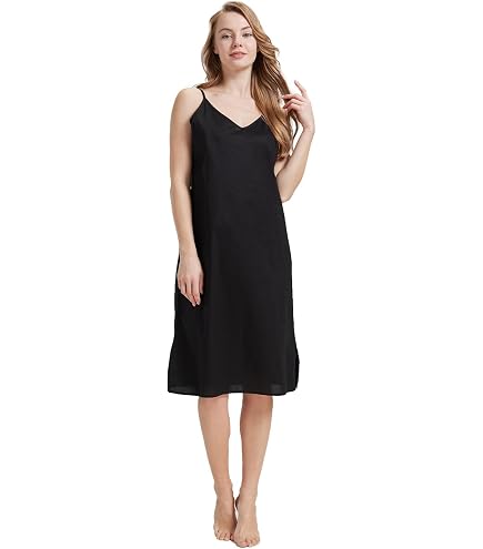 BEAUTELICATE 100% Washed Cotton Slip Dress V Neck Adjustable Spaghetti Strap Nightgown Dual Use Underdress for Women Black at Amazon Women's Clothing store