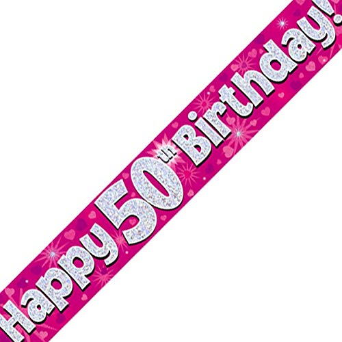 British Ballet® 50th Birthday Banner Pink (2.7m x 13cm) • Holographic Party Decoration • Age 50 Foil Pennant • Birthday Foil Pennant for Women • Garland with 3 x 90cm Sections • Indoor & Outdoor Use