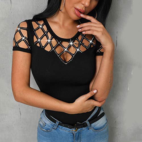 Sunhusing Ladies Sexy Hollow Hole Round Neck Short Sleeve Shiny Beaded Embellished Solid Color T-Shirt Top Black - Thumbnail 2